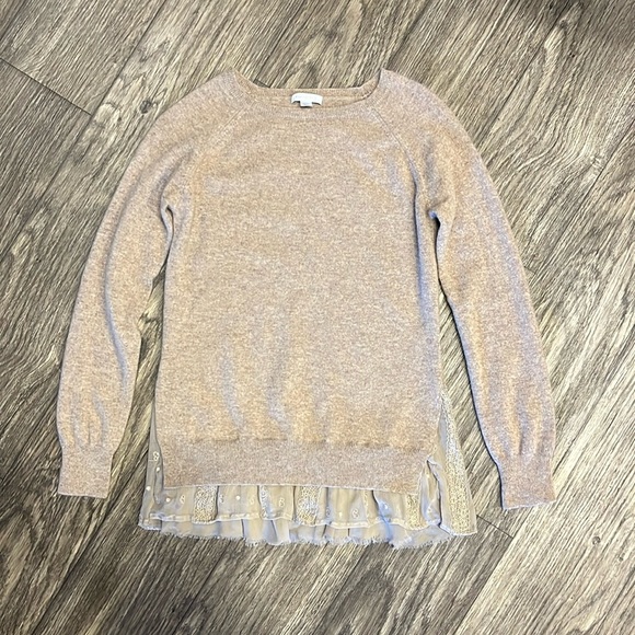 Garnet Hill Tan Shirttail Lace Trim Cashmere Sweater size Small - Picture 2 of 5